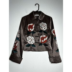 Elaine Collection NY Women’s Bohemian Embroidered Satin Blazer Cacao Red Size M
